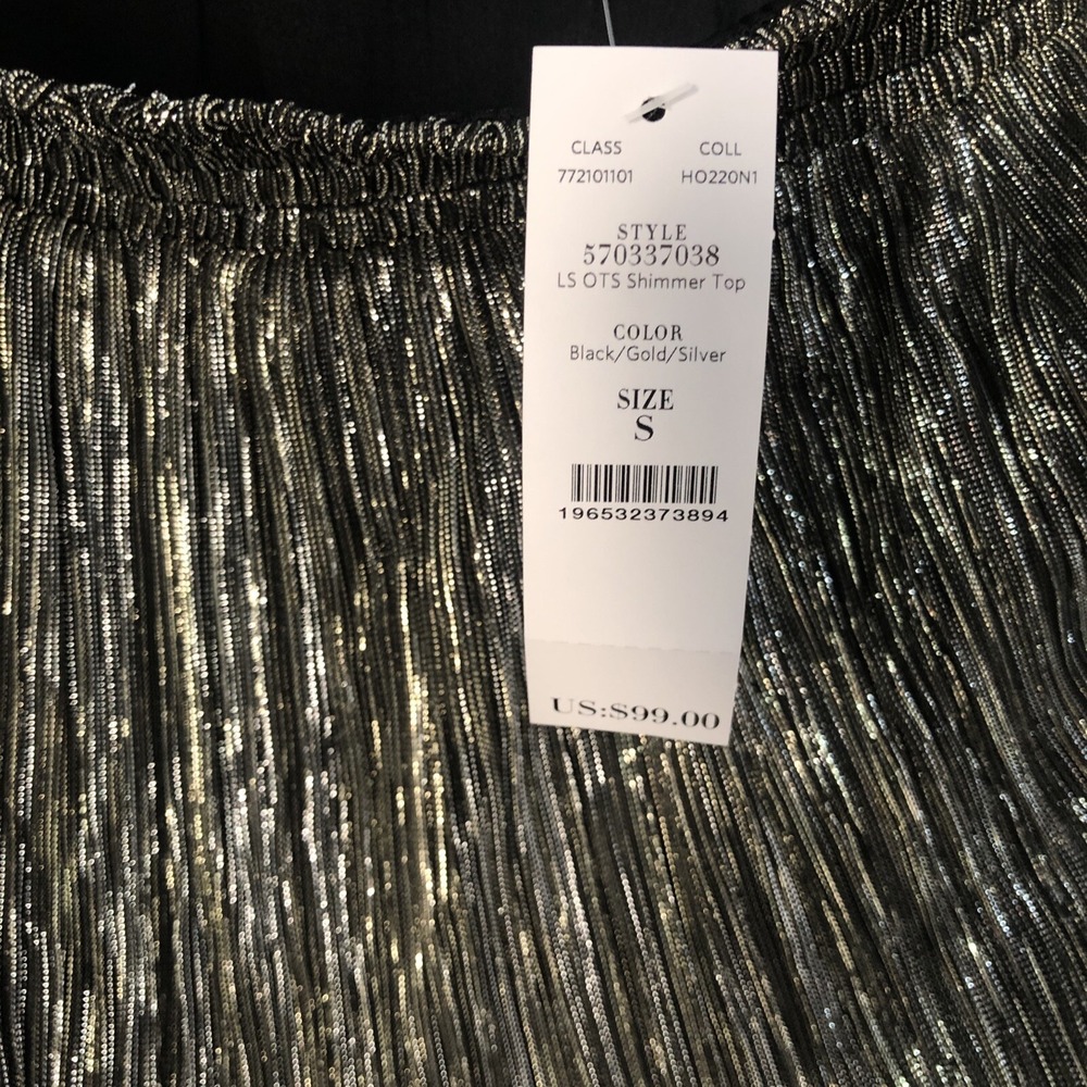 NWT WHBM Women Black/Gold/Silver Shimmer Metallic Off The Shoulder Top - Size S‎ - Picture 2 of 12